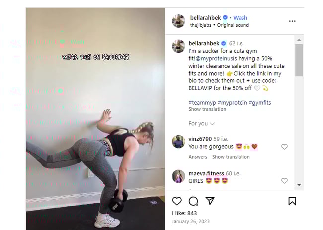 An influencer promotes My Protein on Instagram